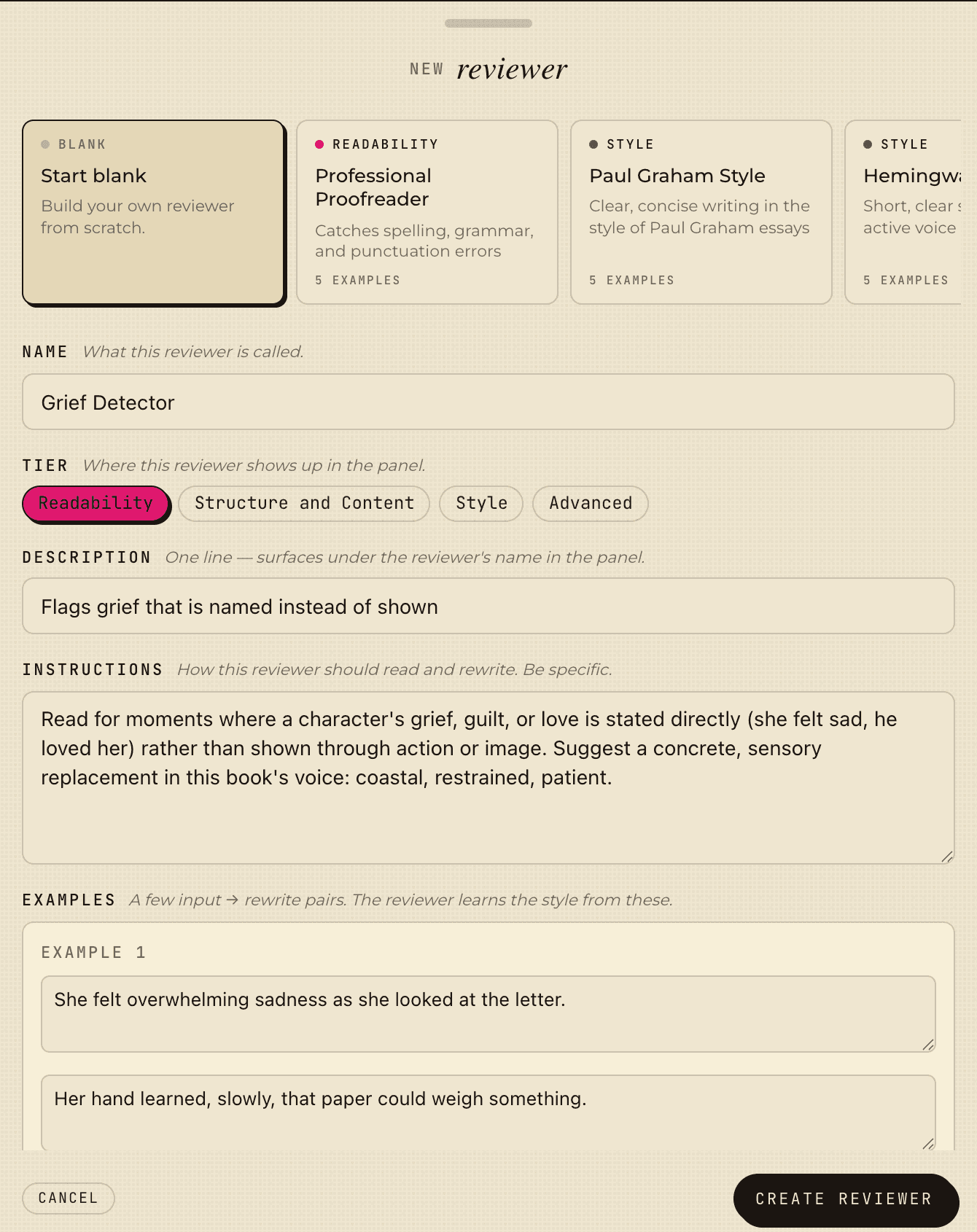 The new custom reviewer form with templates, name, tier, and instructions