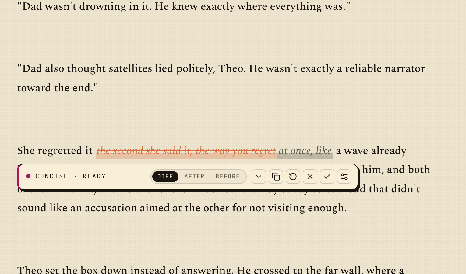 The Highlight Bar over a selected sentence, with Expand, Embellish, Concise, and Restructure