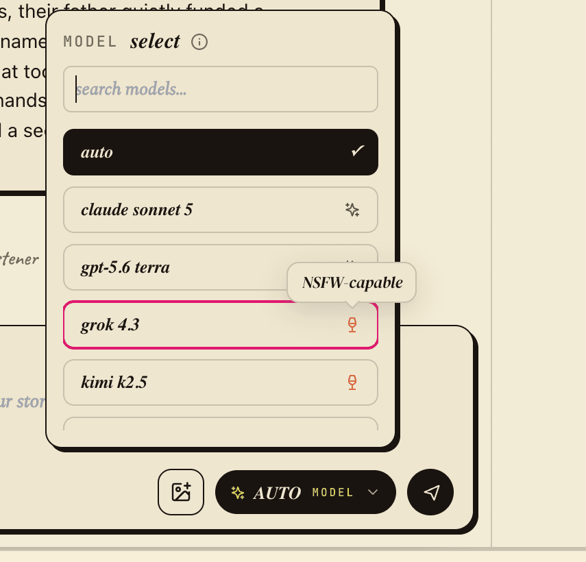The model picker with models that support mature-fiction requests clearly marked