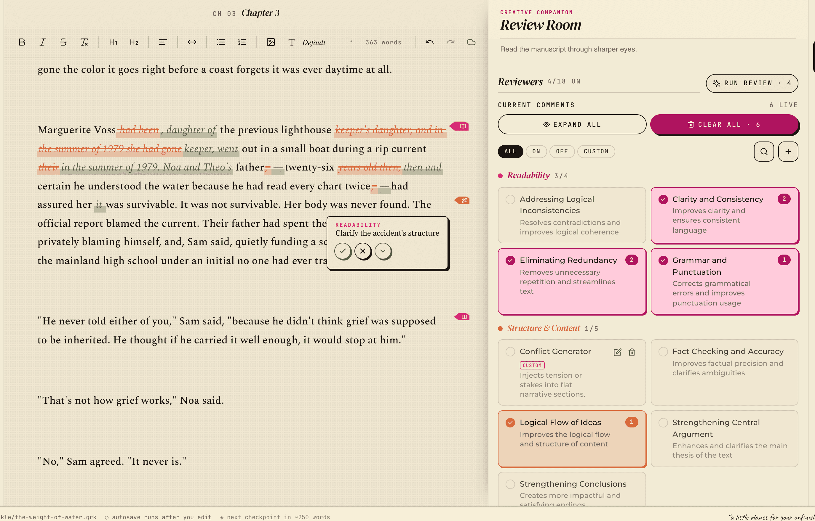 The Review Room: live comments as inline diffs in the manuscript, a readability note with accept and reject controls, and reviewer tiers in the panel