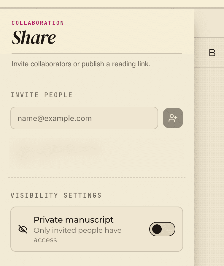 The Share panel with an email invite field and the private manuscript visibility toggle