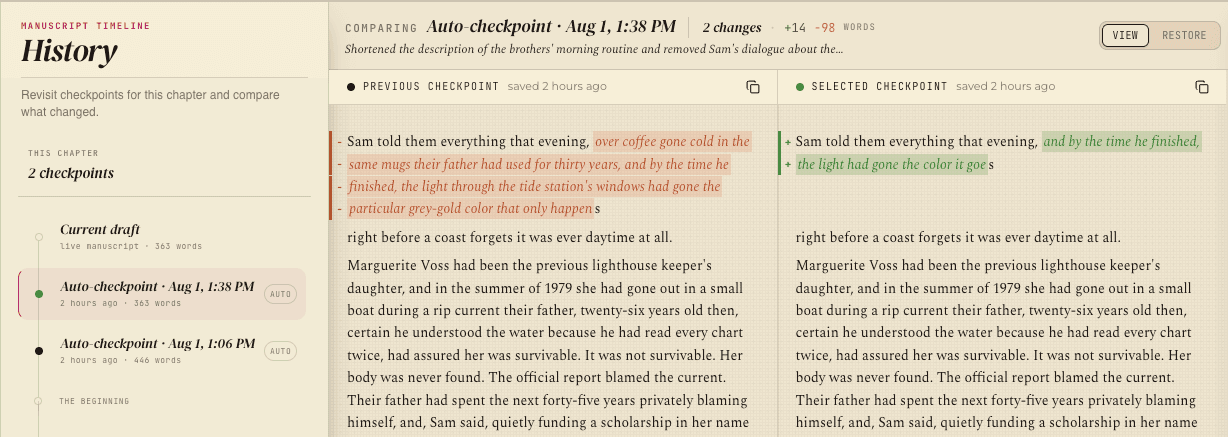 A before-and-after comparison between two checkpoints, with removed text struck through in red and added text highlighted in green